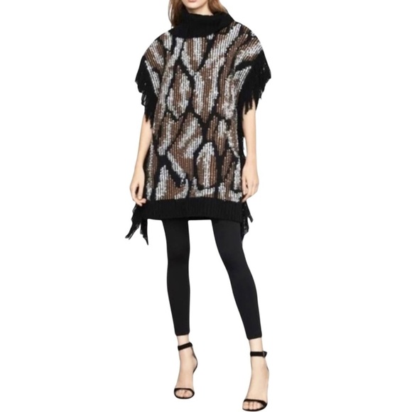 BCBGMaxAzria Sweaters - Women’s Cowl Neck Fringe Wool Alpaca Blend Combo Poncho Sweater M/L
